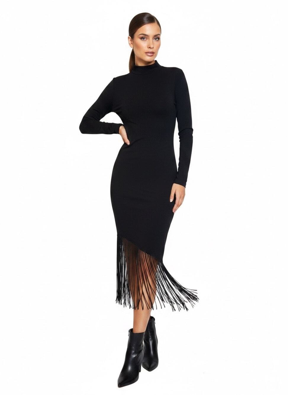 Black Stretch Dress with Fringe